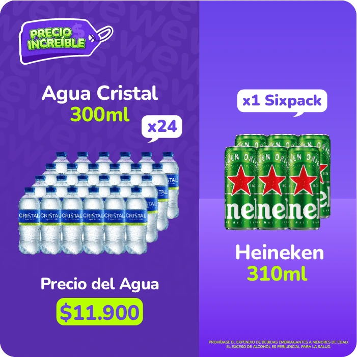Precio incre&iacute;ble: Agua Cristal Pet 300 ml x 24 und + Cerveza Heineken 310 ml x 6 und