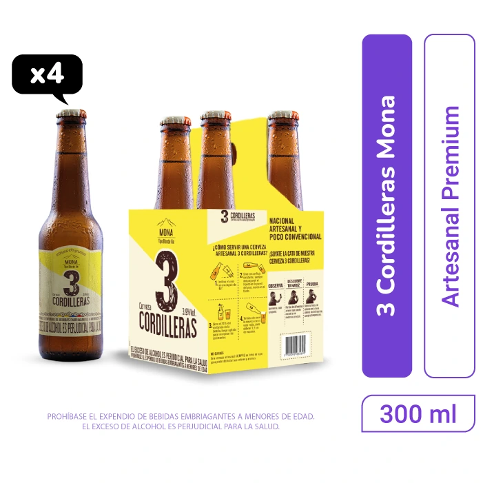 Cerveza 3 Cordilleras Mona Botella 300 ml x 4 und