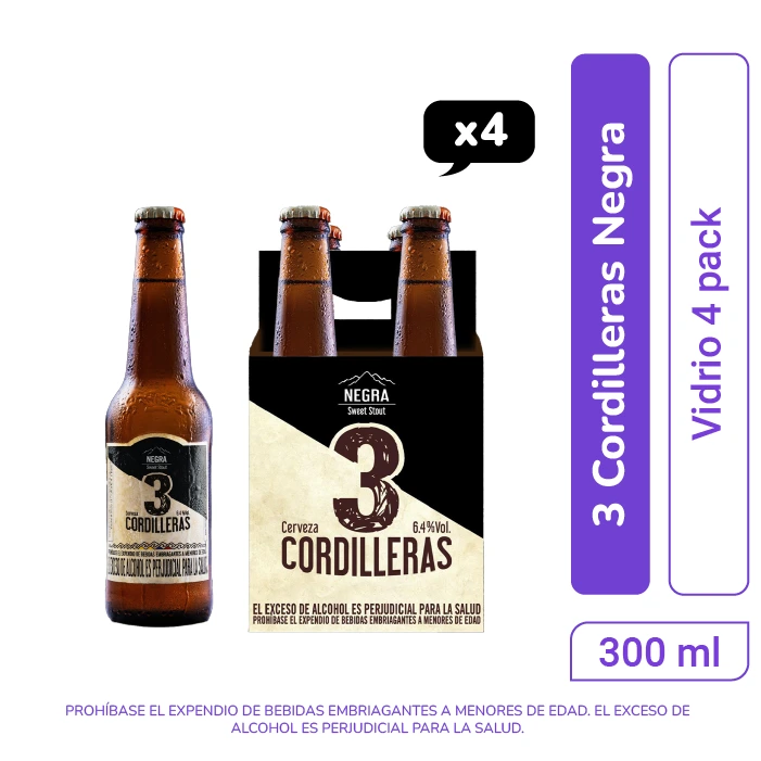 Cerveza 3 Cordilleras Negra botella 300 ml x 4 und