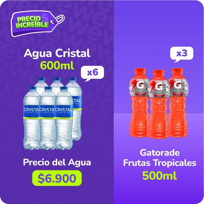 Precio Increible: Agua Cristal 600 ml x 6 und + Gatorade Frutas Tropicales 500 ml x 3