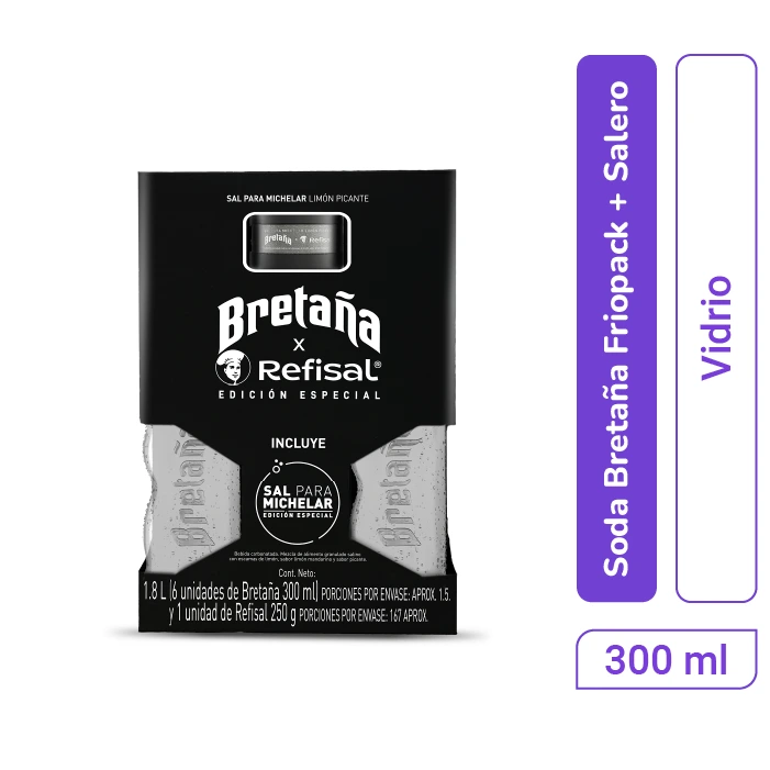 Soda Bretaña 300 ml x 6 und + Michelador Refisal + Vaso Bretaña