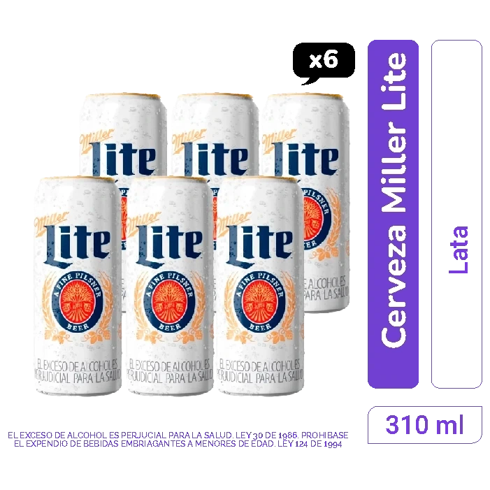 Cerveza Miller Lite lata 310 ml x 6 und 