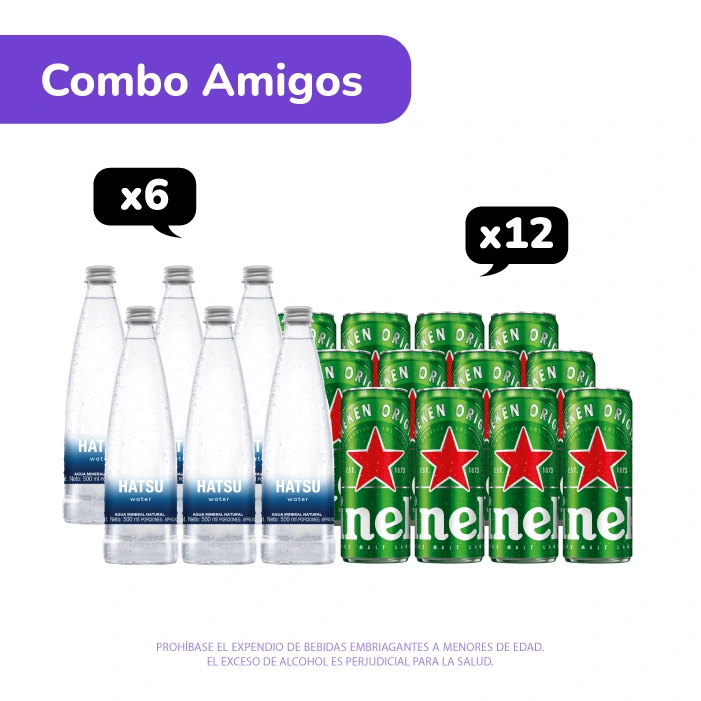 Combo Amigos: Cerveza Heineken lata 310 ml x 12 und + Agua Hatsu vidrio 500 ml x 6 und