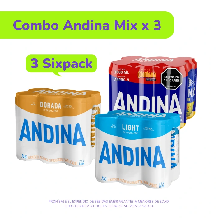 Combo Andina Mix x3: Sixpack Cerveza Andina lata 310 ml + Sixpack Cerveza Andina Light 310 ml + Sixpack Refajo Andina 310 ml