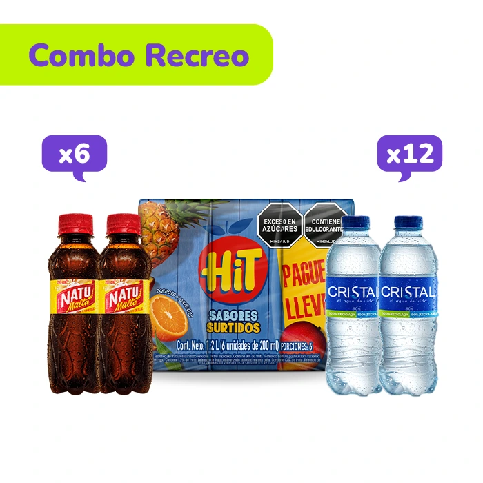 Combo Recreo: Hit Surtido 200 ml x 6 und + Agua Cristal 300 ml x 12 und + Natumalta 200 ml x 6 und