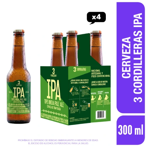 Cerveza 3 Cordilleras IPA Botella 300 ml x 4 und