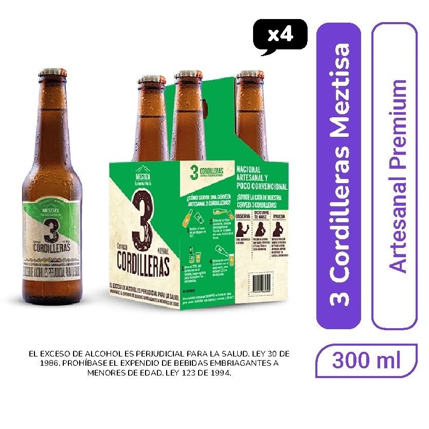 Cerveza 3 Cordilleras Mestiza botella 300 ml x 4 und