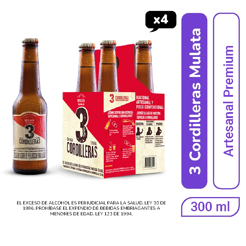 Cerveza 3 Cordilleras Mulata botella 300 ml x 4 und