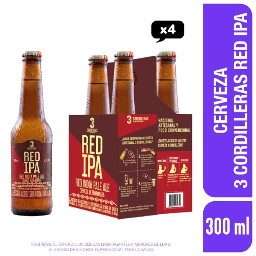 Cerveza 3 Cordilleras Red IPA Botella 300 ml x 4 und