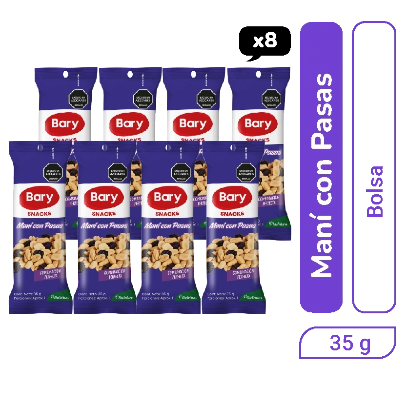 Maní con Sal y Pasas Bary bolsa 35 gr x 8 und 